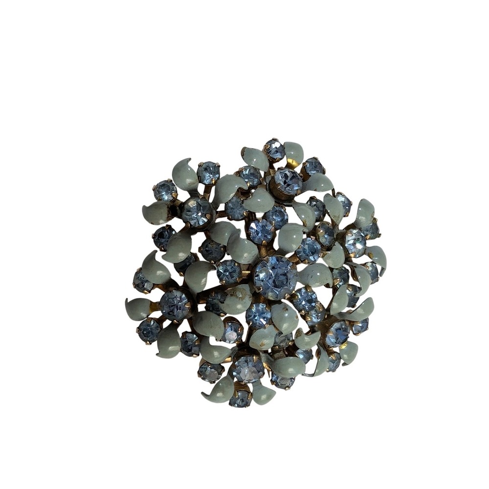Vintage Blue Rhinestone Sage Green Enamel Tiered Floral Brooch Gold Tone Pin